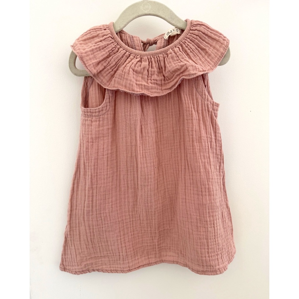 Mabo Nona pink flutter collar sleeveless dress in rose pink gauze 2T / 3T